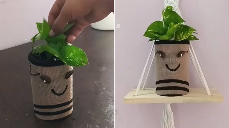 Tin can and sock turned into decorative planter