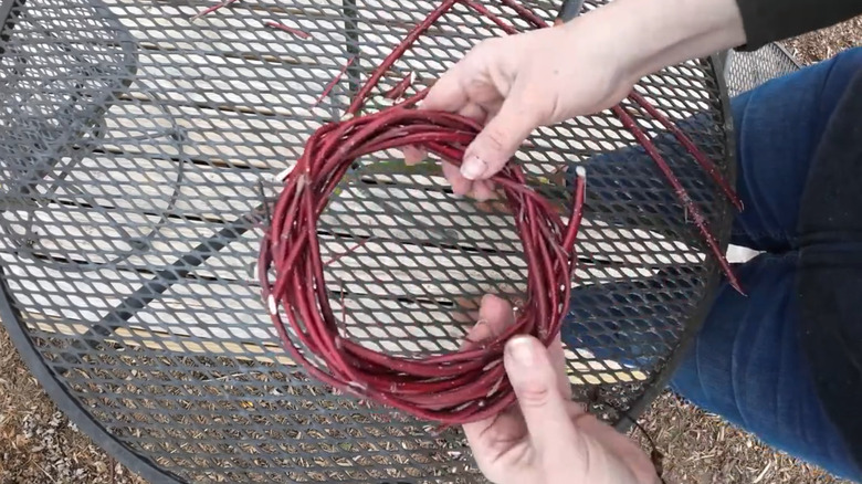 A person bending dogwood branches into a ring