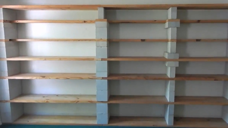 Bookshelves made of concrete blocks and wood boards