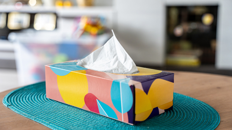 colorful tissue box on a side table in a living room