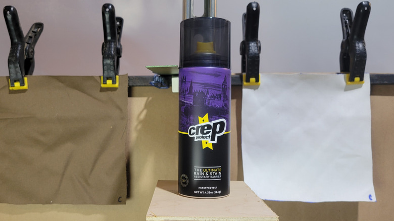 Treating fabric swatches with Crep Protect spray