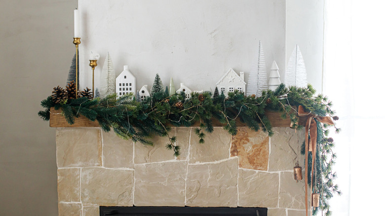 pine garland on mantel