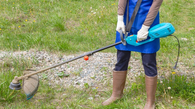 Woman trimming tall grass with a corded string trimmer