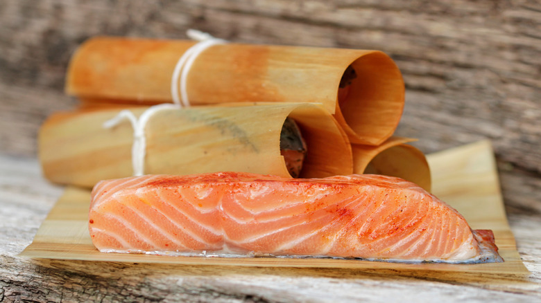 Grilled salmon wrapped in cedar wood wraps