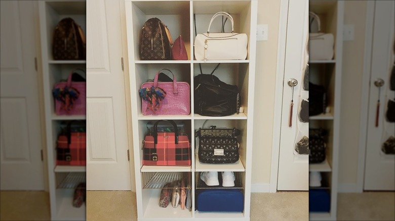 IKEA KALLAX shelves filled with handbags and purses