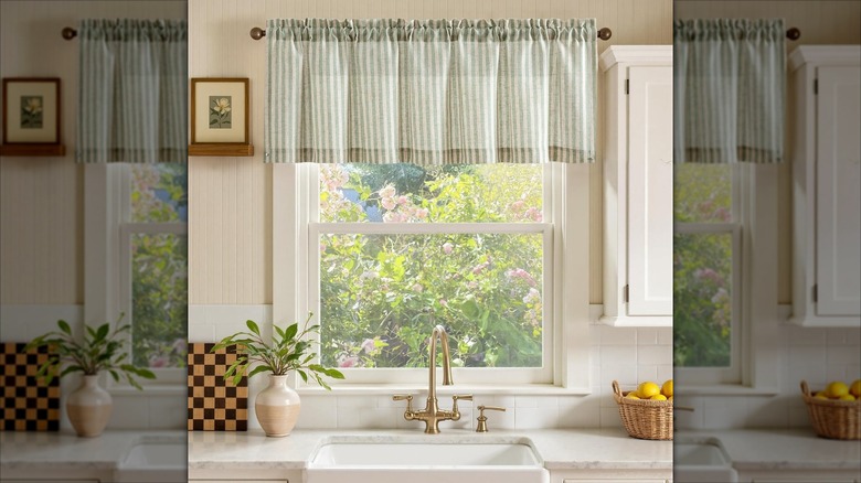 Jinchan green Linen Textured Striped Window Valance over farmhouse kitchen sink window