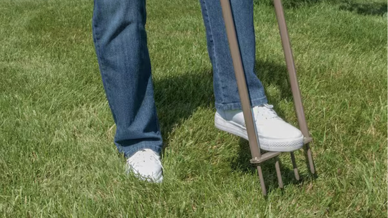 Person using Ames spike aerator to aerate lawn