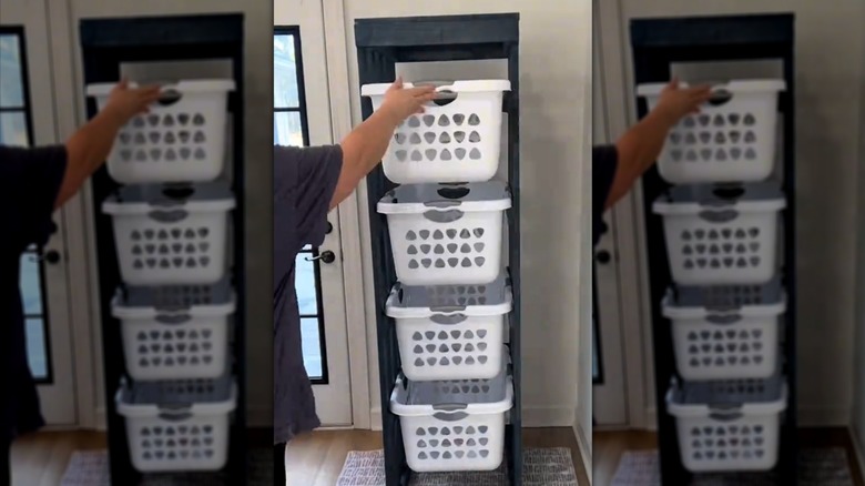 The finished DIY laundry basket organizer