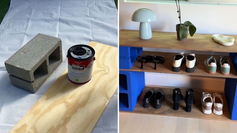 Concrete block and wood turned into DIY shoe storage shelf
