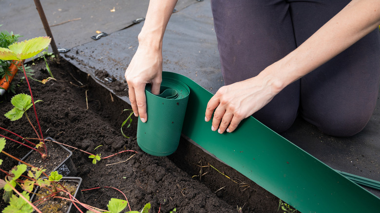 A person installing green plastic edging on a planting bed.