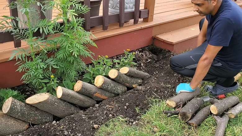 A person using small pieces of a log to create a natural garden border.