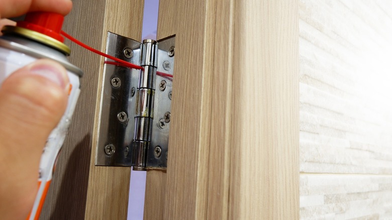 Person spraying door hinge with lubricant