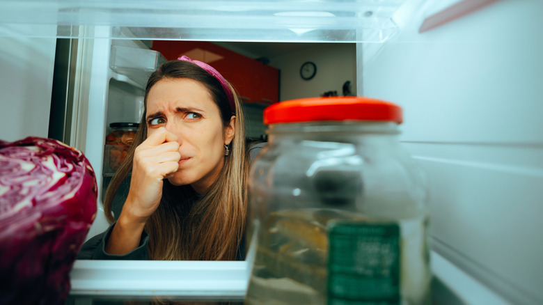 person holding nose looking in fridge