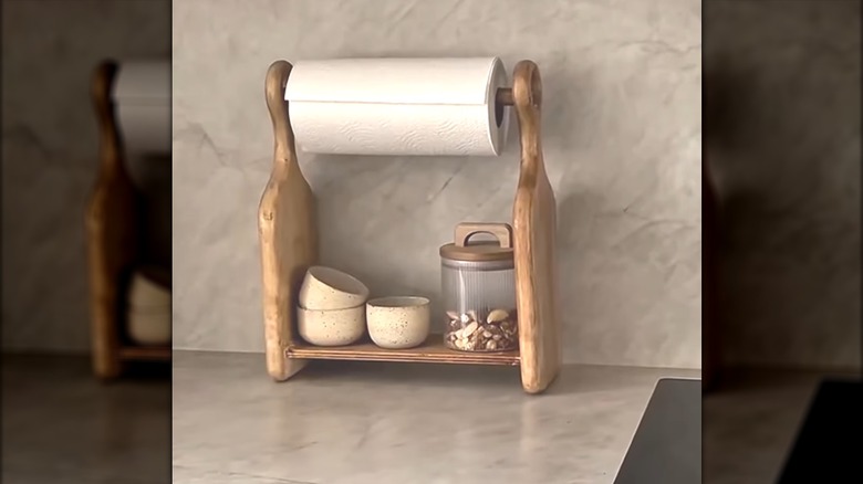 Paper towel on custom DIY holder made of cutting boards with ceramics and glass wood lid jar