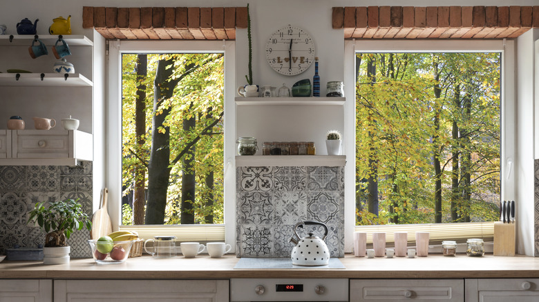 Kitchen with two bare windows looking into the forest