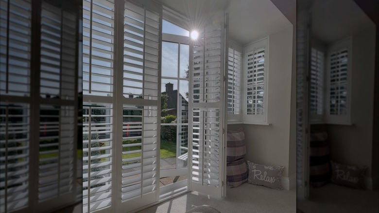 shutters on a screen door open to sunny back yard