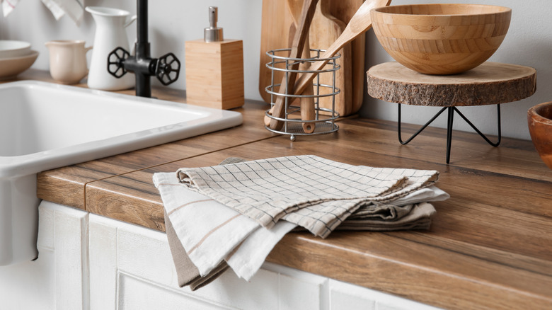 Set of dish towels in a farmhouse kitchen