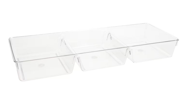 Dollar Tree plastic three-compartment organizer tray.