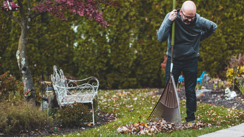 man leaning on a rake