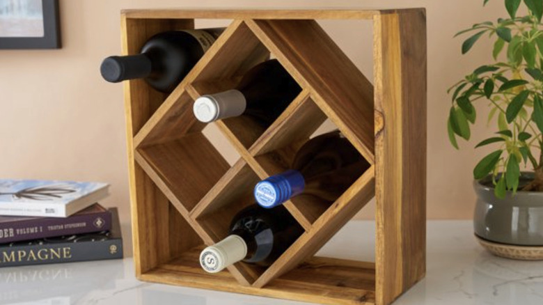 Lattice-design wine rack on a countertop.