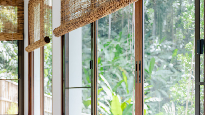 Bamboo blinds over sliding glass doors or windows