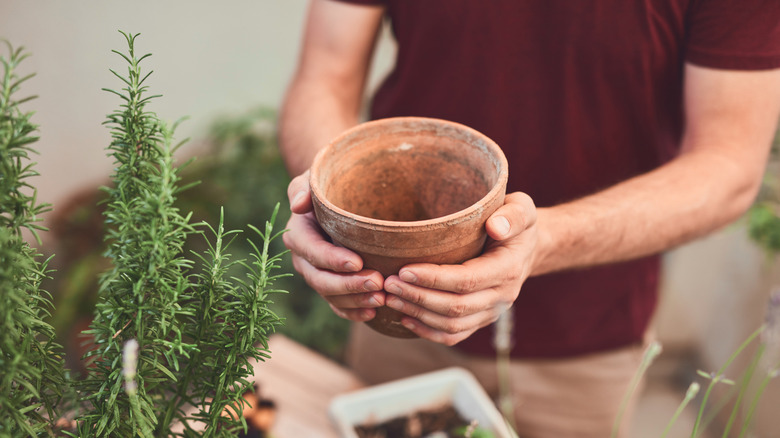 A man holds an old planter