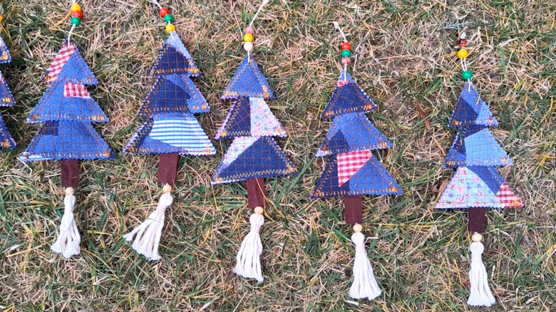jeans upcycled into pine tree Christmas ornaments