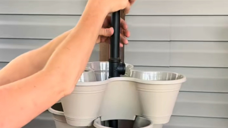 hand securing a DIY vertical garden