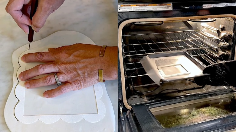 Hands cutting polymer clay, and removing clay from oven