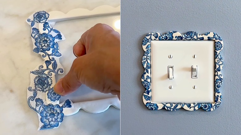 Person decoupaging a clay frame, and the finished switch plate frame in place