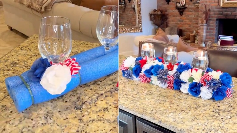 Fourth of July table display with dollar tree flowers and pool noodle
