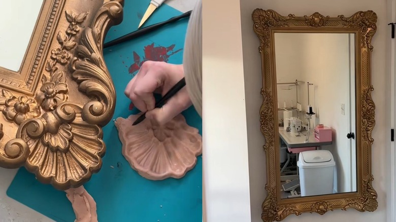 A split image with a woman adding details to clay on the left while a gold frame mirror is displayed on the right