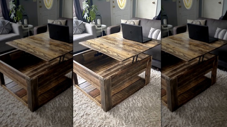 Finished lift-up coffee table DIY with laptop resting on surface
