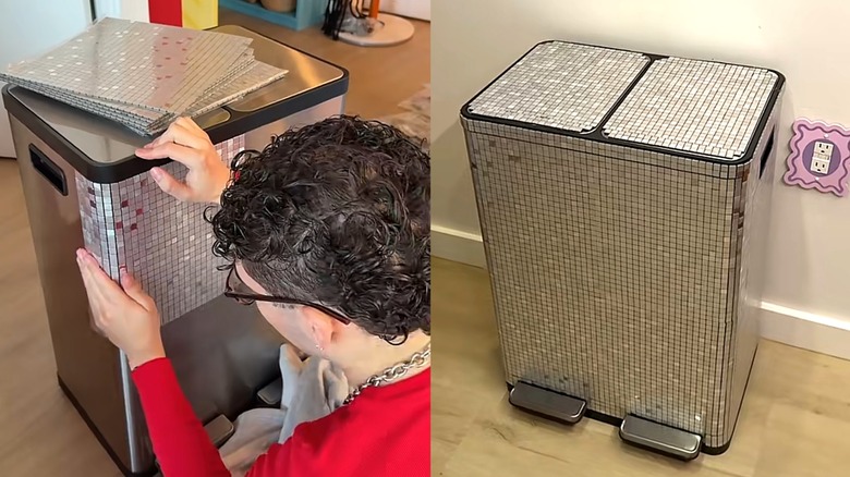 A side-by-side look at how a creator decorates a trash can with mosaic peel-and-stick tile