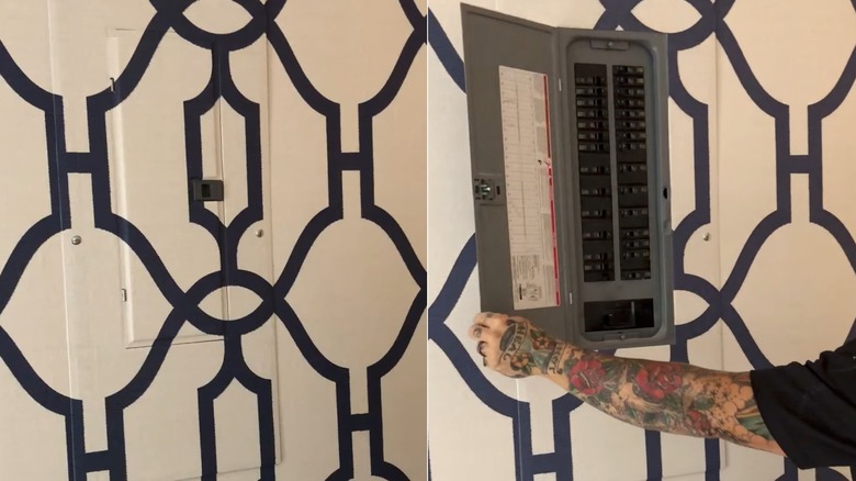 Electrical panel covered with wallpaper closed and open
