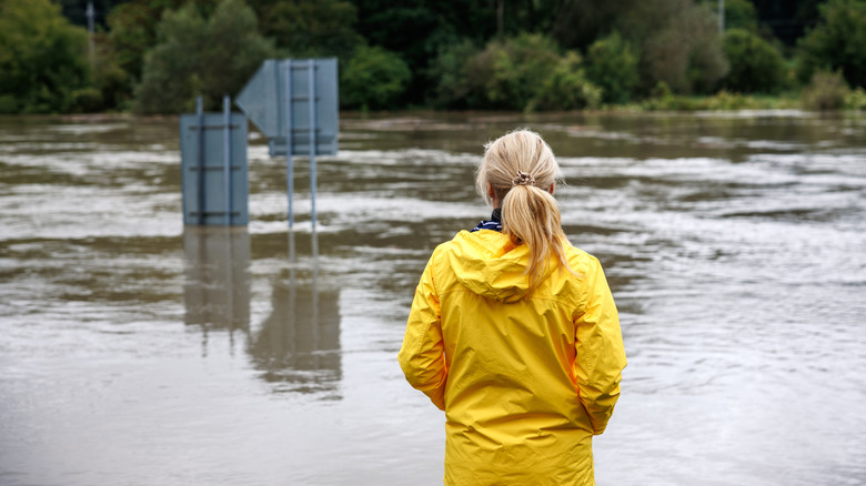 person looking at flooded street