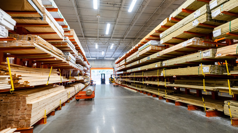 The interior of a Home Depot lumber department