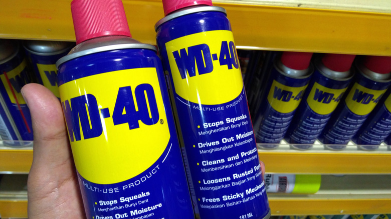 Hand holding a set of WD-40 cans