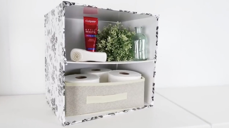 DIY cubby storage with bathroom supplies