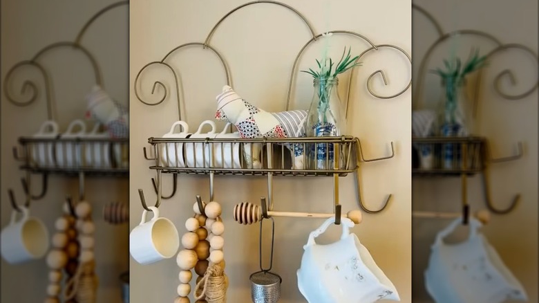 Wall shelf made with a Dollar Tree trellis and an over-the-door hook