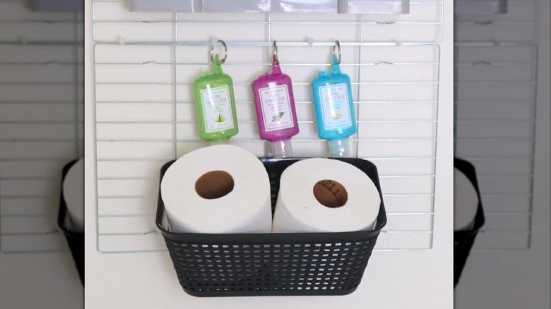 Finished toilet paper organizer made from Dollar Tree items