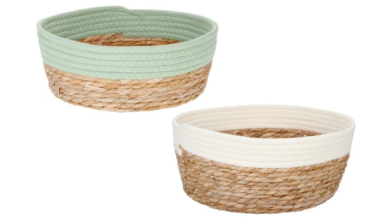 Two woven baskets from Dollar Tree with contrasting trim at the top