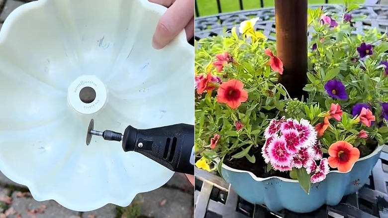 Split screen of white Bundt pan with dremel tool about to cut the center/finished Bundt pan planter around a patio table umbrella pole.