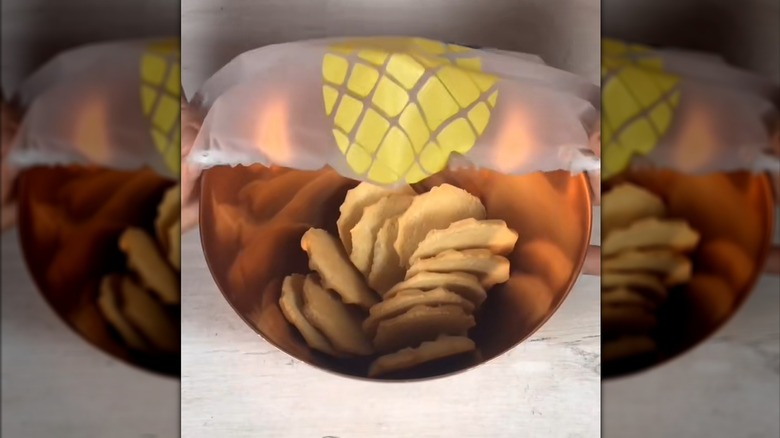 Upcycled shower curtain piece used as flexible food saver lid over bowl of crackers