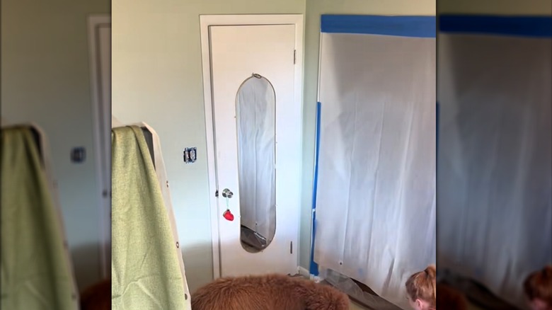 Semi-sheer shower curtain taped over closet door for room painting purposes