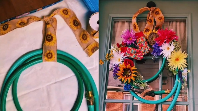 A garden hose shaped into a wreath base and the finished wreath covered in bright flowers