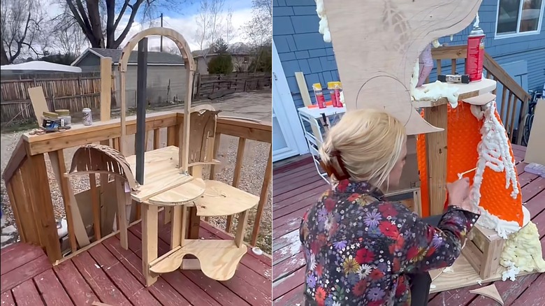Wooden structure and woman spraying foam on DIY