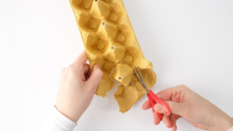 A person cutting an egg carton to make this lantern.