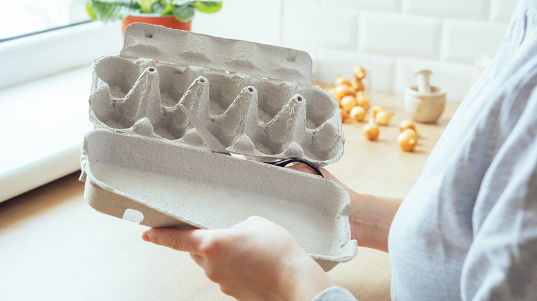 A person cutting a cardboard egg carton with scissors