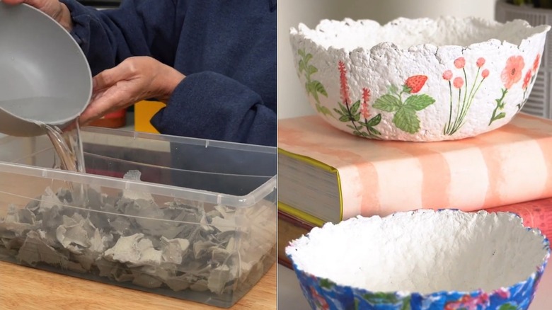 A split view of a person pouring water over egg carton pieces and finished bowls made from egg cartons